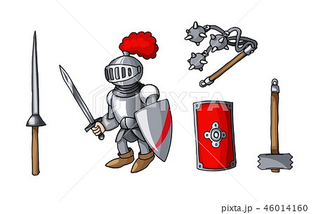 Hand drawn sticker knights colored doodle weapons set isolated on white Hand drawn sticker knights colored doodle weapons set isolated on white 46014160