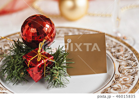 festive table decorated with Christmas balls and  46015835