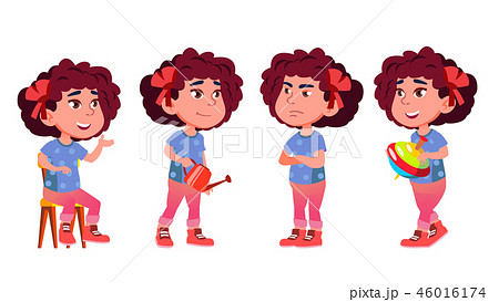 Girl Kindergarten Kid Poses Set Vector. Preschooler Playing. Friendship. For Web, Poster, Booklet Girl Kindergarten Kid Poses Set Vector. Preschooler Playing. Friendship. For Web, Poster, Booklet 46016174