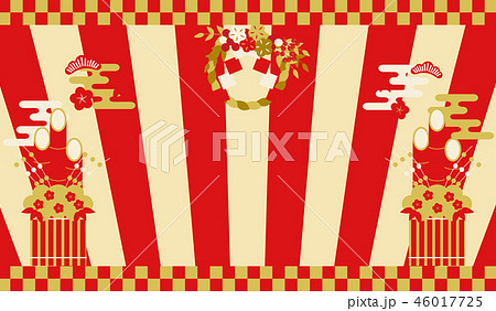 しめ飾りと門松、赤と金色の縦縞背景の祝賀イメージ しめ飾りと門松、赤と金色の縦縞背景の祝賀イメージ 46017725