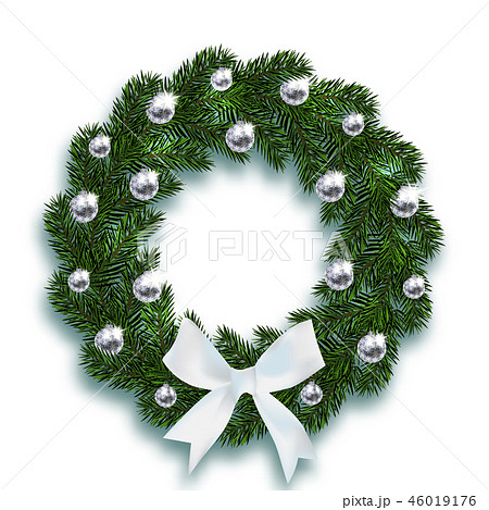 Christmas, New Year. Blue fir branches in the shape of a Christmas wreath with balls and a white bow 46019176