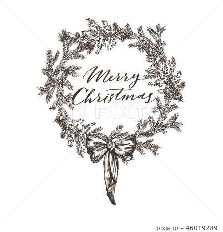 Decorative wreath made of branches and cones of pine and spruce trees hand drawn with bow. Winter 46019289