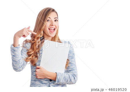 Exited, successful business woman pointing on her project with copyspace isolated on white Exited, successful business woman pointing on her project with copyspace isolated on white 46019520