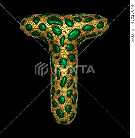Golden shining metallic 3D with green glass symbol capital letter T - uppercase isolated on black. Golden shining metallic 3D with green glass symbol capital letter T - uppercase isolated on black. 46022044