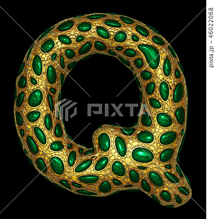 Golden shining metallic 3D with green glass symbol capital letter Q - uppercase isolated on black. 46022068