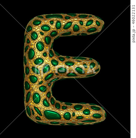Golden shining metallic 3D with green glass symbol capital letter E - uppercase isolated on black. 46022131