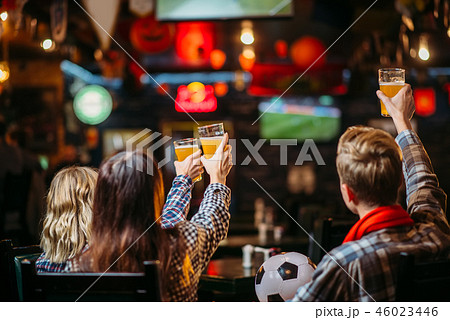 Group of football fans watching match in sport bar 46023446