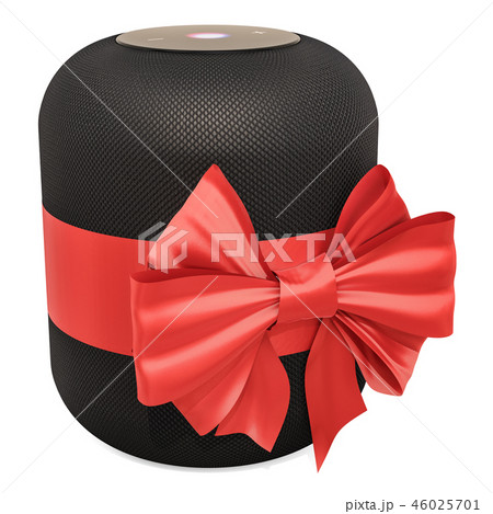Smart speaker with bow and ribbon, gift concept Smart speaker with bow and ribbon, gift concept 46025701