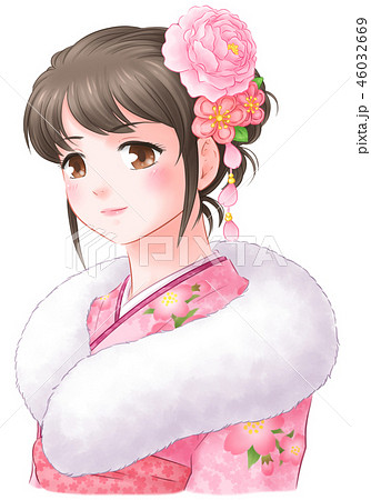 桜の着物女子 桃色ショール有りのイラスト素材