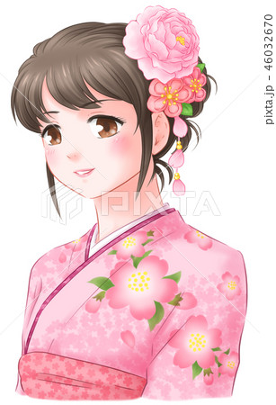 桜の着物女子 桃色のイラスト素材