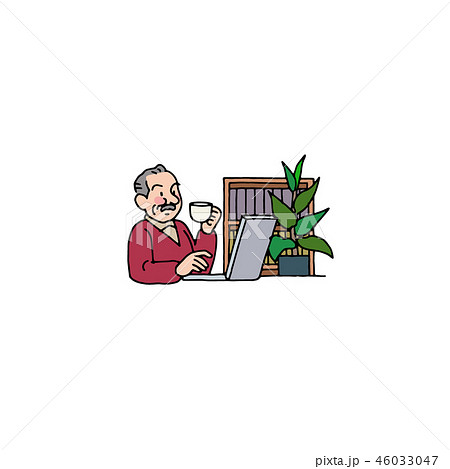 コーヒーを飲みながらパソコン作業をするお父さん 46033047