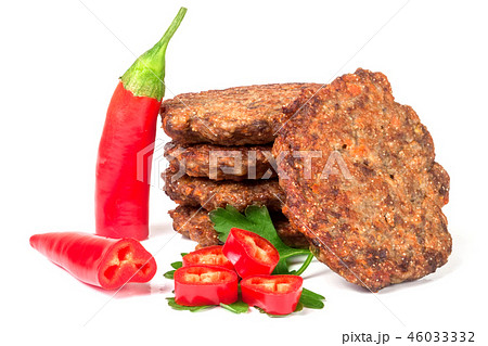 liver pancakes or cutlets with chili pepper isolated on white background 46033332