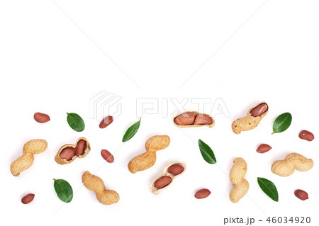 Peanuts with shells isolated on white background with copy space for your text, top view. Flat lay Peanuts with shells isolated on white background with copy space for your text, top view. Flat lay 46034920