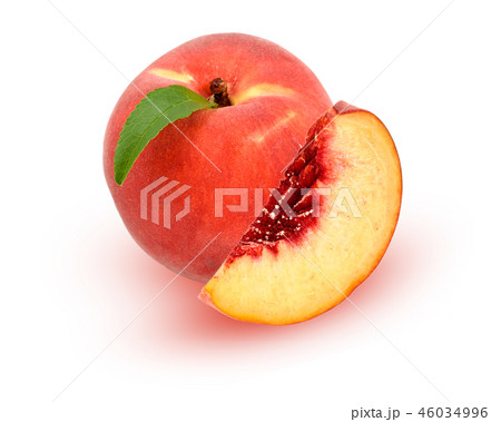 Peach and slice with a green leaf isolated on white background Peach and slice with a green leaf isolated on white background 46034996