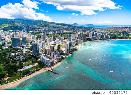 ハワイ ワイキキ上空 オアフ島 航空写真 の写真素材