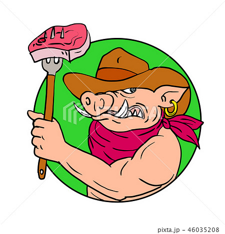 Cowboy Hog Holding Barbecue Steak Drawing Color 46035208