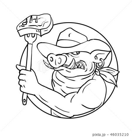 Cowboy Wild Pig Holding Barbecue Steak Drawing  46035210