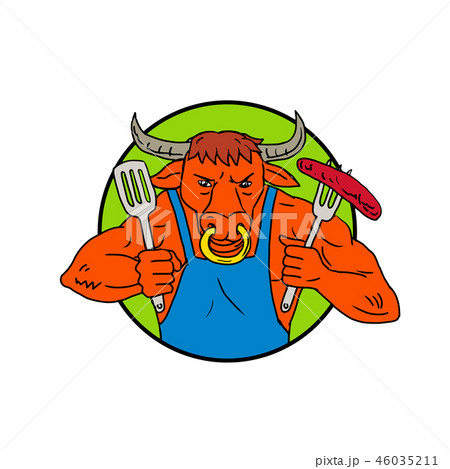 Bull Holding Barbecue Sausage Drawing Color 46035211