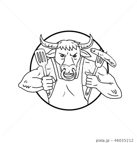 Longhorn Bull Holding Barbecue Sausage Drawing Longhorn Bull Holding Barbecue Sausage Drawing 46035212