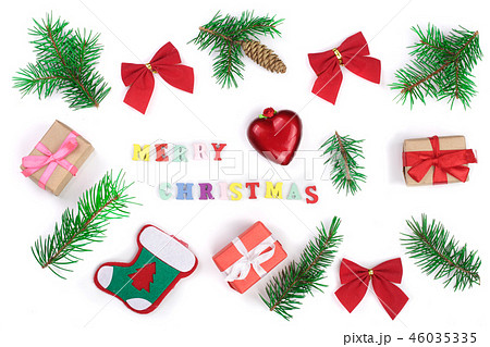 Christmas background with merry christmas inscription decorated with fir branches isolated on white Christmas background with merry christmas inscription decorated with fir branches isolated on white 46035335