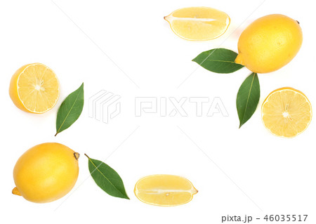lemon with leaves and slices isolated on white background with copy space for your text. Flat lay lemon with leaves and slices isolated on white background with copy space for your text. Flat lay 46035517