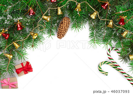 Christmas background decorated isolated on white with copy space for your text. Top view. 46037093