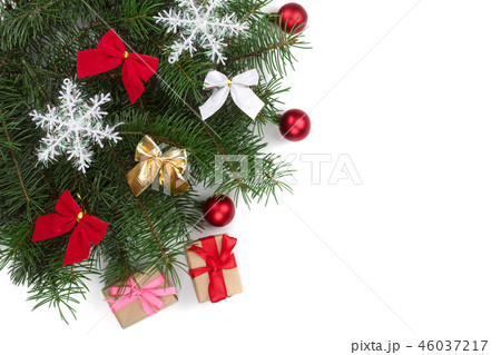 Christmas background with balls and decorations isolated on white with copy space for your text. Top 46037217