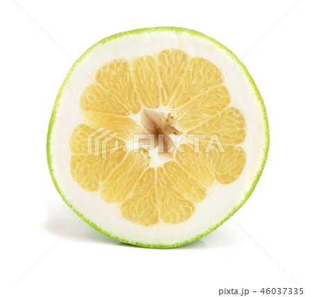 slice of Citrus Sweetie or Pomelit, oroblanco and leaf isolated on white background close-up 46037335