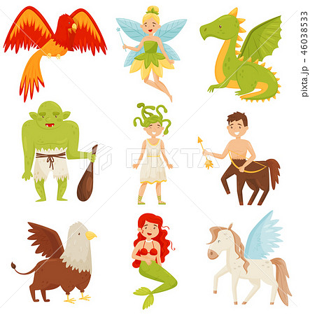 Mythical fairy tale creatures set, Centaur, Pegasus, Griffin, Medusa Gorgon, Mermaid, Dragon Mythical fairy tale creatures set, Centaur, Pegasus, Griffin, Medusa Gorgon, Mermaid, Dragon 46038533