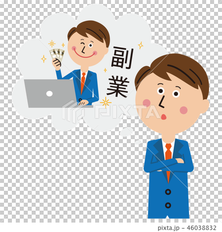 ポップな青いスーツのサラリーマン 副業を考えるのイラスト素材 4603