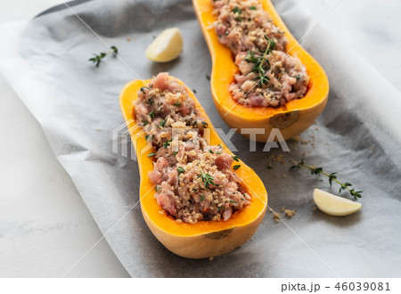 Pumpkin with minced meat with thyme, garlic. Healthy seasonal autumn cuisine. Copy space. 46039081