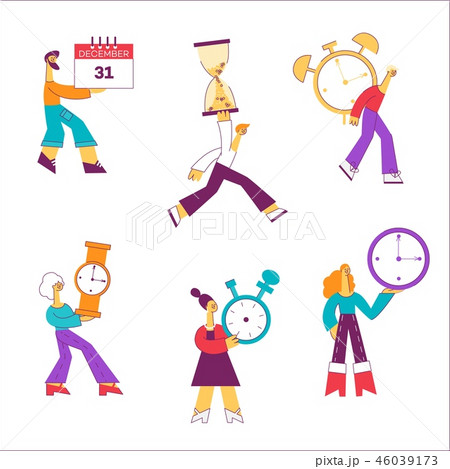 Vector flat people holding watche clock time sign 46039173