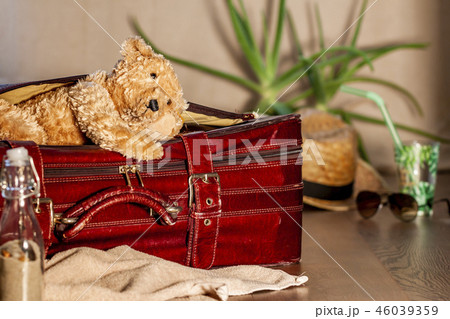 Travel concept of Teddy bear and red vintage suitcase 46039359