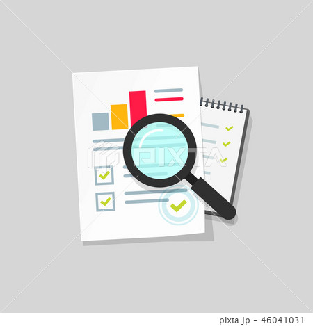 Audit research vector icon, flat cartoon paper financial report data analysis on table, concept of 46041031