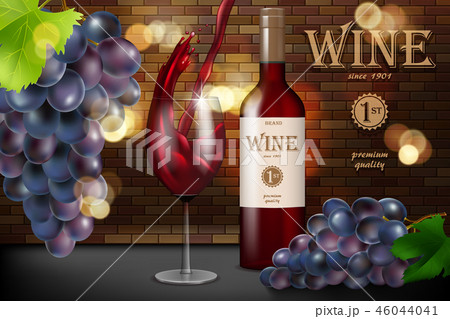 Red wine ad, glass bottle with grape on brick background, retro style design. Transparent wine glass 46044041