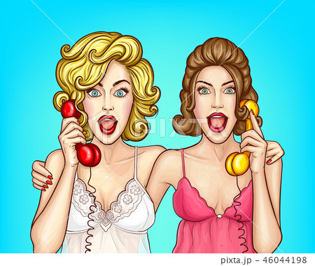 Surprised women calling friend pop art vector 46044198