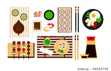 Japanese food dishes set, traditional Asian food menu flat vector Illustration on a white background 46046708