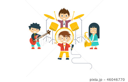 Music kids band, children playing different instruments, drummer, saxophonist, singer, guitarist 46046770