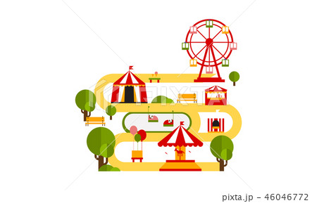 Amusement park attractions, circus tent, ferris wheel, merry go round flat vector Illustration 46046772
