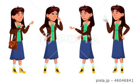 Asian Teen Girl Poses Set Vector. Funny, Friendship. For Advertisement, Greeting, Announcement Asian Teen Girl Poses Set Vector. Funny, Friendship. For Advertisement, Greeting, Announcement 46046841