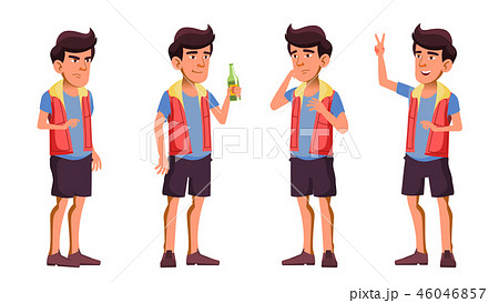 Asian Teen Boy Poses Set Vector. Beer. Hello. Funny, Friendship. For Advertisement, Greeting Asian Teen Boy Poses Set Vector. Beer. Hello. Funny, Friendship. For Advertisement, Greeting 46046857