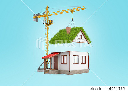 3d rendering of building crane lifting grass roof over white house on light blue background 46051536
