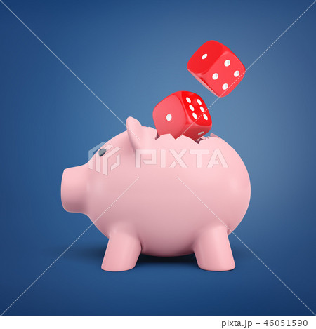 3d rendering of pink piggy bank with a pair of red solid dice on blue background 3d rendering of pink piggy bank with a pair of red solid dice on blue background 46051590