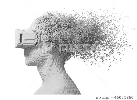 Digital Man Wearing Virtual Reality Glasses Disintegrates On 3D Pixels Isolated On White Background 46051860