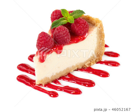 Piece of cheesecake with raspberries and mint Piece of cheesecake with raspberries and mint 46052167