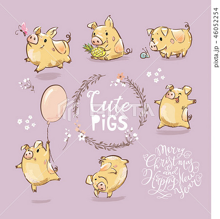 Set of Cute Tiny Yellow Pig in different poses. Dancing piggy, pig with the balloon. New Year Symbol 46052254