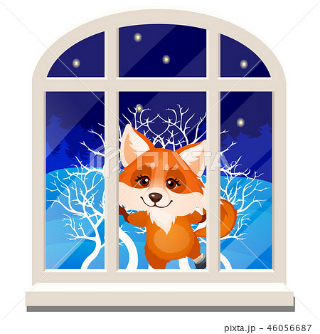 Cute cheerful smiling fox looks out through the window isolated on a white background. Sketch of 46056687