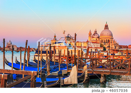 Gondolas in front of Santa Maria della Salute Church in Venice Gondolas in front of Santa Maria della Salute Church in Venice 46057036