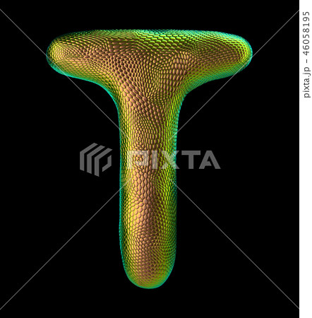 Letter T made of natural snake skin texture gold color. 3D letter render isolated on black. 46058195