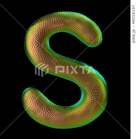 Letter S made of natural snake skin texture gold color. 3D letter render isolated on black. 46058197